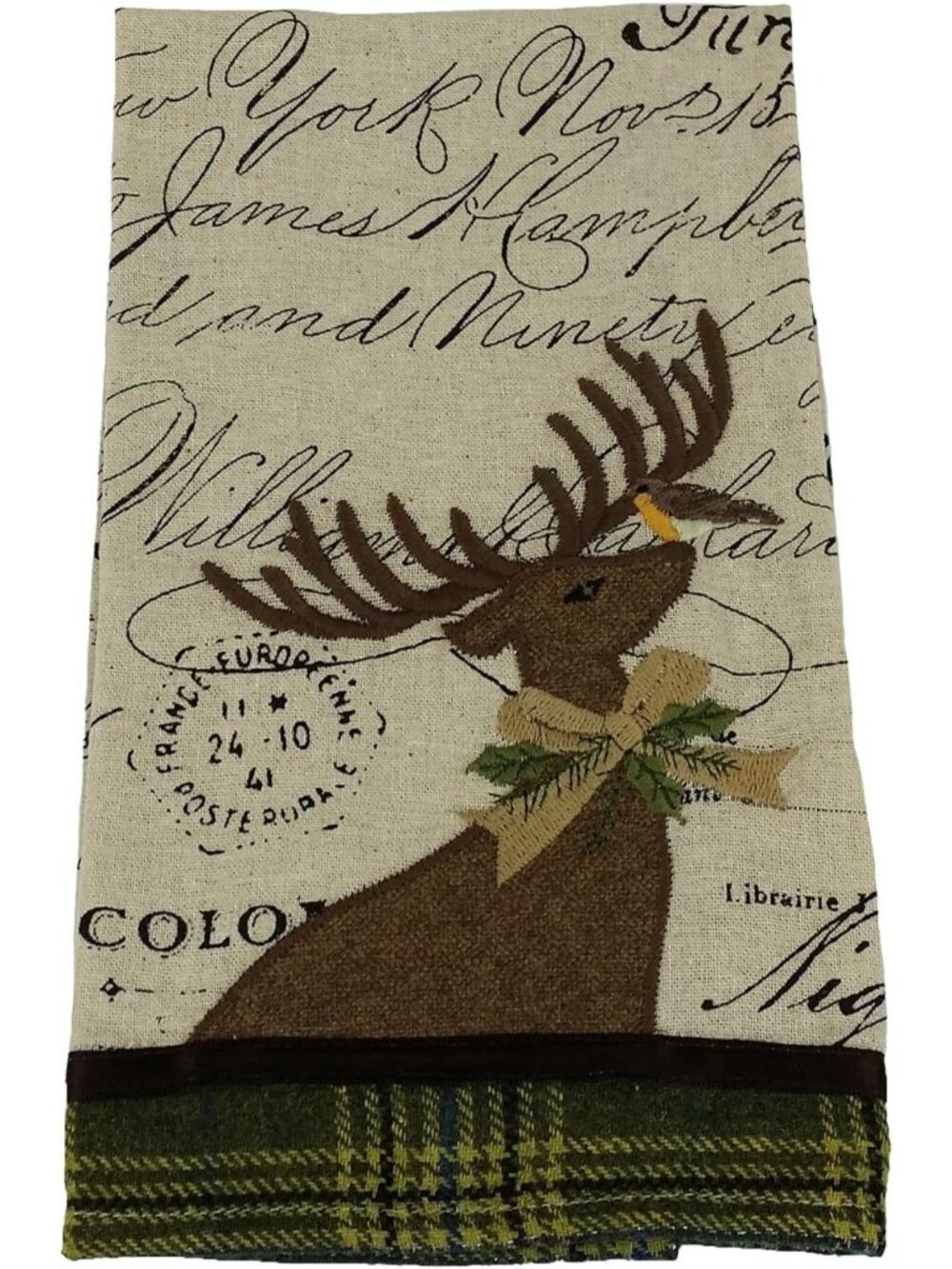 Cozy Holiday Reindeer Tartan Embroidered Kitchen Towel, 16"x22", Washable